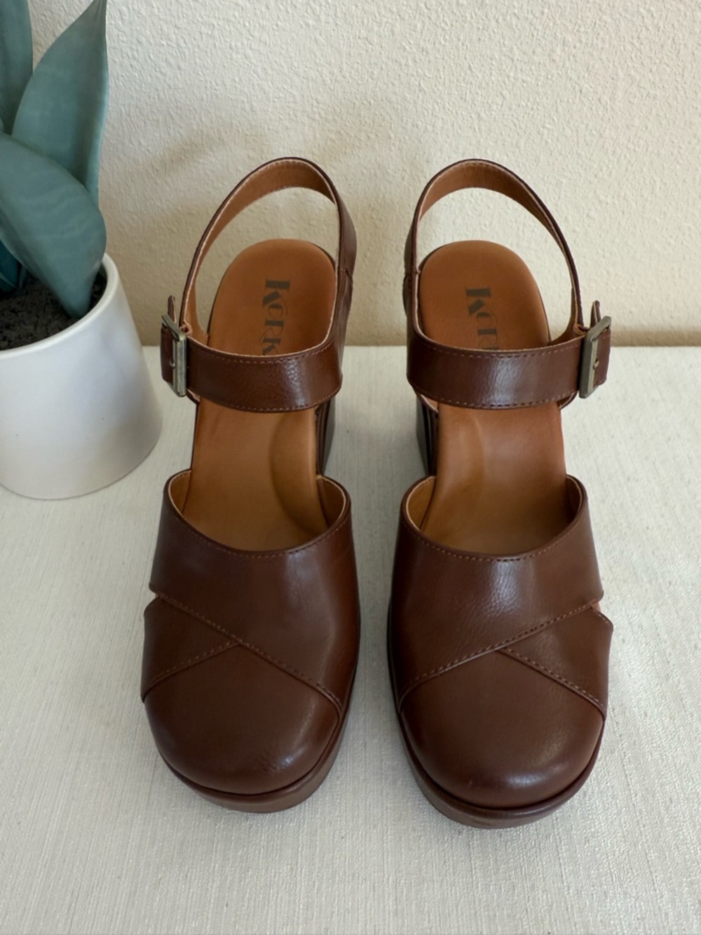 New Korks Brown Faux Leather Wedge Sandals with Ankle Strap - Picture 2 of 11